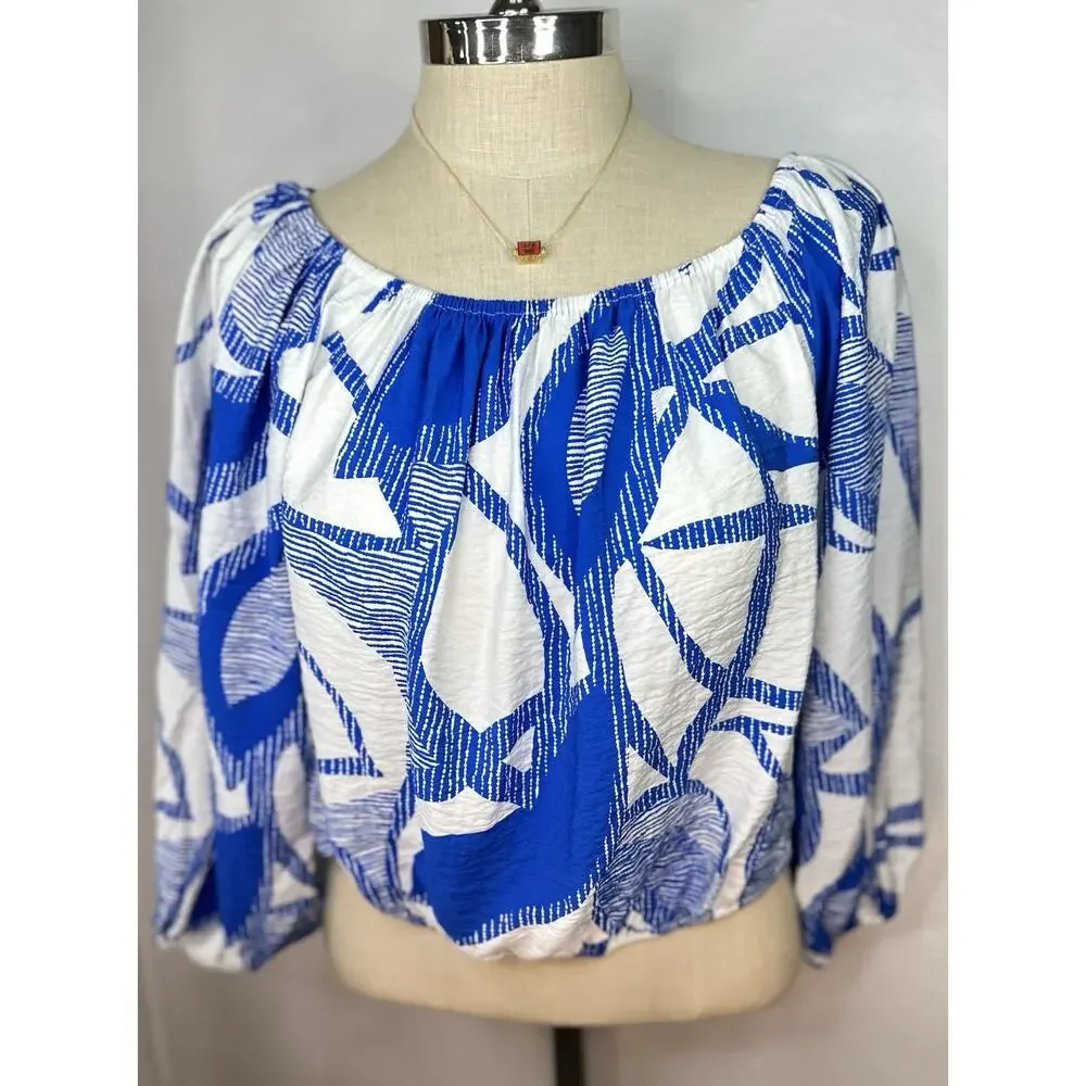Nine West Blue And White Off Shoulder Summer Blouse Large